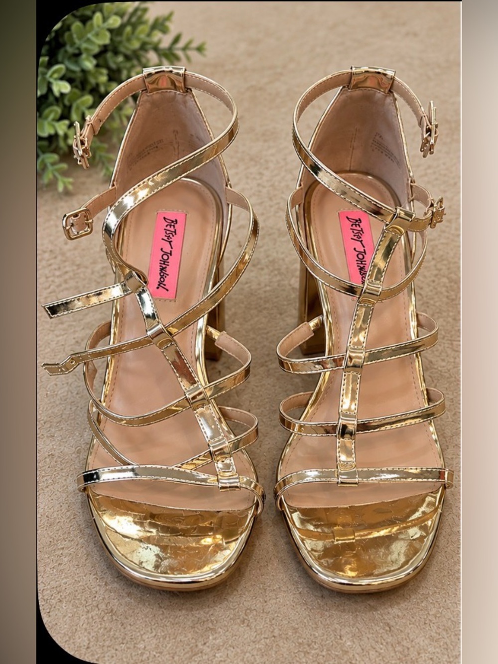Betsey Johnson Metallic Gold Strappy Block Heel Sandals | size 9